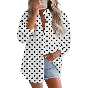 image:imageAstylish Women 2026 Loose Fit Tops Cotton Linen Button Down Shirts Collared Roll Up Long Sleeve V Neck BlousesY Black Polka Dot