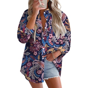 image:imageAstylish Women 2026 Loose Fit Tops Cotton Linen Button Down Shirts Collared Roll Up Long Sleeve V Neck BlousesY Blue Boho Floral