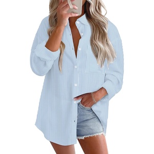image:imageAstylish Women 2026 Loose Fit Tops Cotton Linen Button Down Shirts Collared Roll Up Long Sleeve V Neck BlousesY Sky Blue Stripe