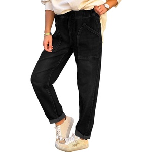 image:imageAstylish Womens Elastic Waist Jeans Drawstring Stretch Denim Pants with Functional PocketsBlack