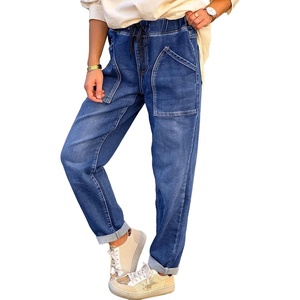 image:imageAstylish Womens Elastic Waist Jeans Drawstring Stretch Denim Pants with Functional PocketsBluing