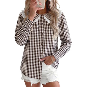 image:imageAstylish Womens Gingham Tops Lace Collar Elegant Blouses Long Sleeve Button Down ShirtsCoffee