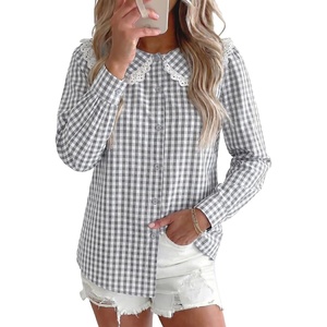 image:imageAstylish Womens Gingham Tops Lace Collar Elegant Blouses Long Sleeve Button Down ShirtsGray