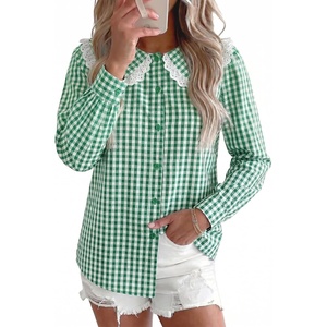 image:imageAstylish Womens Gingham Tops Lace Collar Elegant Blouses Long Sleeve Button Down ShirtsGreen