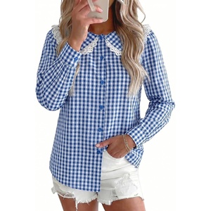image:imageAstylish Womens Gingham Tops Lace Collar Elegant Blouses Long Sleeve Button Down ShirtsNavy Blue