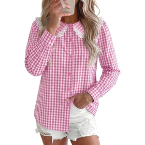image:imageAstylish Womens Gingham Tops Lace Collar Elegant Blouses Long Sleeve Button Down ShirtsPink