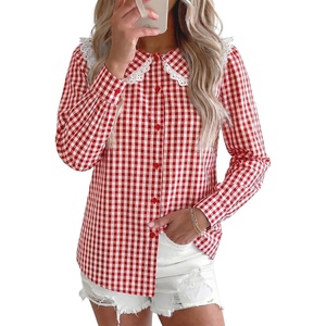 image:imageAstylish Womens Gingham Tops Lace Collar Elegant Blouses Long Sleeve Button Down ShirtsRed