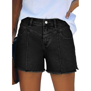 image:imageAstylish Womens High Waisted Denim Shorts Frayed Raw Hem Distressed Jean Shorts Stretchy Casual Summer ShortsBlack