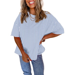image:imageAstylish Women 2026 Abstract Print Blouses Casual Short Sleeve Crewneck Chic Boho Tops Loose Fit Flowy TunicY Sky Blue Striped