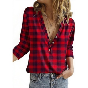 image:imageAstylish Womens ButtonDown Plaid Blouses Dressy Business Work Tunic Tops Casual Cute Long Sleeve V Neck Shirts 2025 Fall Outfits Red Small