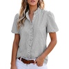 image:imageAstylish Women Striped Blouses Spring Summer Ruffle Collar Puff Sleeve Button Down Shirts Business Casual TopsBlack Grey