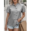 image:imageAstylish Women Striped Blouses Spring Summer Ruffle Collar Puff Sleeve Button Down Shirts Business Casual TopsBlack Grey
