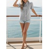 image:imageAstylish Women Striped Blouses Spring Summer Ruffle Collar Puff Sleeve Button Down Shirts Business Casual TopsBlack Grey