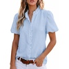 image:imageAstylish Women Striped Blouses Spring Summer Ruffle Collar Puff Sleeve Button Down Shirts Business Casual TopsX Solid Iceland Blue