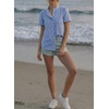 image:imageAstylish Women Striped Blouses Spring Summer Ruffle Collar Puff Sleeve Button Down Shirts Business Casual TopsY Gingham Sky Blue