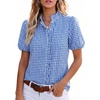 image:imageAstylish Women Striped Blouses Spring Summer Ruffle Collar Puff Sleeve Button Down Shirts Business Casual TopsY Gingham Sky Blue