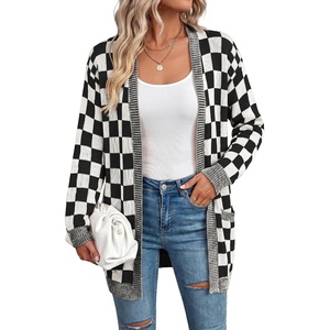 image:imageAstylish Women 2026 Fall Outfits Knit Open Front Long Sleeve Cardigan Sweaters Checkered Outwear CoatsBlack