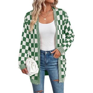 image:imageAstylish Women 2026 Fall Outfits Knit Open Front Long Sleeve Cardigan Sweaters Checkered Outwear CoatsBlackish Green