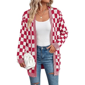 image:imageAstylish Women 2026 Fall Outfits Knit Open Front Long Sleeve Cardigan Sweaters Checkered Outwear CoatsBurgundy