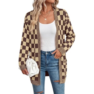 image:imageAstylish Women 2026 Fall Outfits Knit Open Front Long Sleeve Cardigan Sweaters Checkered Outwear CoatsCoffee