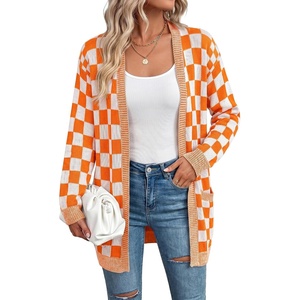 image:imageAstylish Women 2026 Fall Outfits Knit Open Front Long Sleeve Cardigan Sweaters Checkered Outwear CoatsOrange