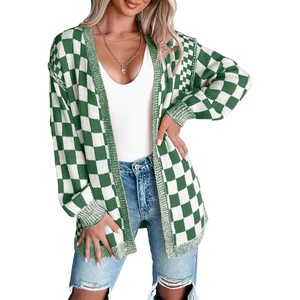 image:imageAstylish Women 2026 Fall Outfits Open Front Long Sleeve Cardigan Sweaters Knit Checkered Outwear CoatsBlackish Green