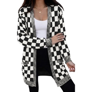 image:imageAstylish Women 2026 Knit Fall Outfits Open Front Long Sleeve Cardigan Sweaters Checkered Outwear CoatsBlack