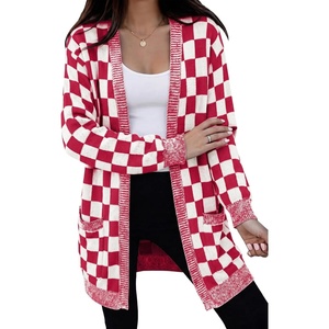image:imageAstylish Women 2026 Knit Fall Outfits Open Front Long Sleeve Cardigan Sweaters Checkered Outwear CoatsBurgundy
