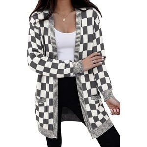 image:imageAstylish Women 2026 Knit Fall Outfits Open Front Long Sleeve Cardigan Sweaters Checkered Outwear CoatsDark Grey