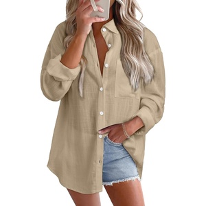 image:imageAstylish Women 2026 Loose Fit Tops Cotton Linen Button Down Shirts Collared Roll Up Long Sleeve V Neck BlousesX Khaki