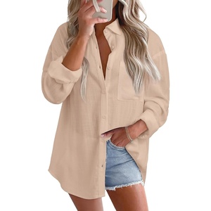 image:imageAstylish Women 2026 Loose Fit Tops Cotton Linen Button Down Shirts Collared Roll Up Long Sleeve V Neck BlousesX Light French Beige