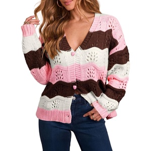 image:imageAstylish Women 2026 Open Front Long Sleeve Fall Outfits Button Down Knit Chevron Striped Cardigan SweatersPink