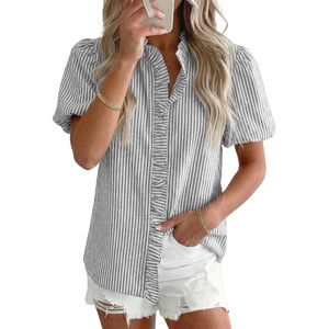 image:imageAstylish Women Striped Blouses Spring Summer Ruffle Collar Puff Sleeve Button Down Shirts Business Casual TopsBlack Grey