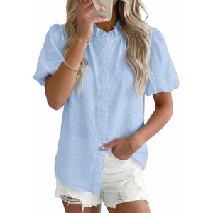 image:imageAstylish Women Striped Blouses Spring Summer Ruffle Collar Puff Sleeve Button Down Shirts Business Casual TopsX Solid Iceland Blue