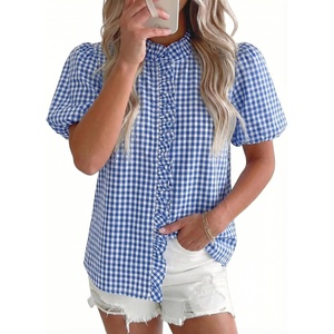 image:imageAstylish Women Striped Blouses Spring Summer Ruffle Collar Puff Sleeve Button Down Shirts Business Casual TopsY Gingham Sky Blue