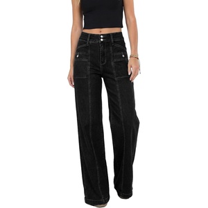 image:imageAstylish Womens Wide Leg Jeans High Waisted Double Buttons Stretchy Straight Leg Jean Trendy Denim Pants Big PocketsBlack