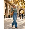 image:imageAstylish Jeans for Women High Waist Button Down Stretchy Wide Leg Paisley Print Belt Denim Pants with PocketsMyosotis