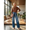 image:imageAstylish Jeans for Women High Waist Button Down Stretchy Wide Leg Paisley Print Belt Denim Pants with PocketsReal Teal