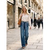 image:imageAstylish Jeans for Women High Waist Button Down Stretchy Wide Leg Paisley Print Belt Denim Pants with PocketsReal Teal