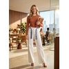 image:imageAstylish Jeans for Women High Waist Button Down Stretchy Wide Leg Paisley Print Belt Denim Pants with PocketsWhite