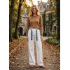 image:imageAstylish Jeans for Women High Waist Button Down Stretchy Wide Leg Paisley Print Belt Denim Pants with PocketsWhite
