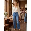 image:imageAstylish Womens High Waist Wide Leg Straight Stretch Jeans Pockets Rivet Retro Early Fall Fashion Denim PantsDirty Blue