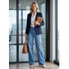 image:imageAstylish Womens High Waist Wide Leg Straight Stretch Jeans Pockets Rivet Retro Early Fall Fashion Denim PantsDusk Blue