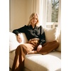 image:imageAstylish Womens Leaf Embroidery Button Down Shirts V Neck Ruffle Collar Puff Long Sleeve TopsBlack