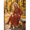 image:imageAstylish Womens Leaf Embroidery Button Down Shirts V Neck Ruffle Collar Puff Long Sleeve TopsBrown