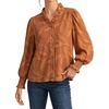 image:imageAstylish Womens Leaf Embroidery Button Down Shirts V Neck Ruffle Collar Puff Long Sleeve TopsBrown
