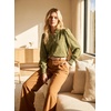 image:imageAstylish Womens Leaf Embroidery Button Down Shirts V Neck Ruffle Collar Puff Long Sleeve TopsFern Green