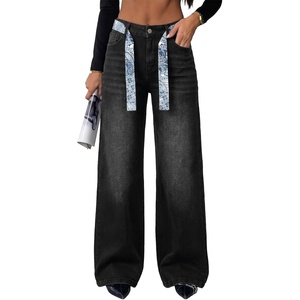 image:imageAstylish Jeans for Women High Waist Button Down Stretchy Wide Leg Paisley Print Belt Denim Pants with PocketsBlack