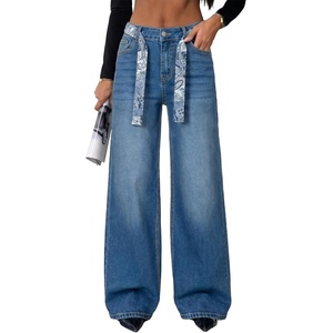 image:imageAstylish Jeans for Women High Waist Button Down Stretchy Wide Leg Paisley Print Belt Denim Pants with PocketsBluing