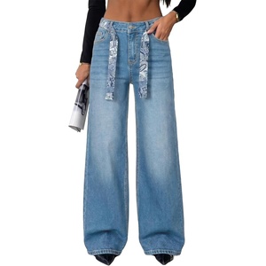 image:imageAstylish Jeans for Women High Waist Button Down Stretchy Wide Leg Paisley Print Belt Denim Pants with PocketsMyosotis